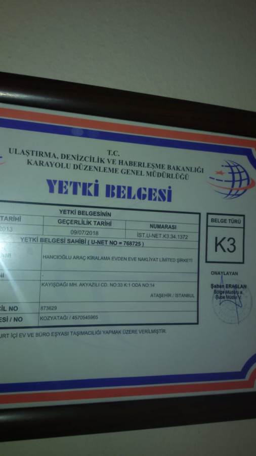 Hancıoğlu nakliyat  K3 yetki belgesi