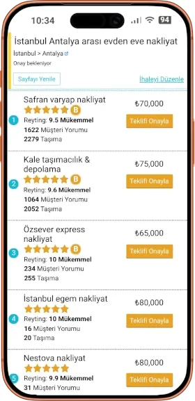 Enakliyat uygulamasında teklifleri gösteren telefon ekranı