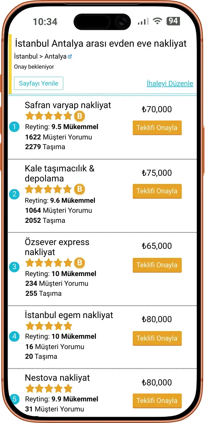 Enakliyat uygulamasında teklifleri gösteren telefon ekranı