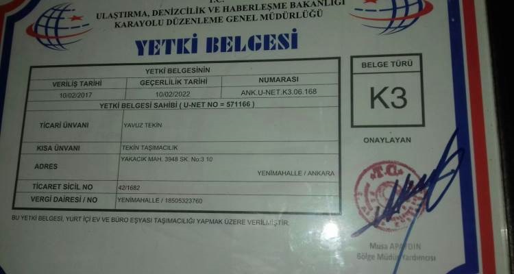 Tekin nakliyat K3 Yetki belgesi