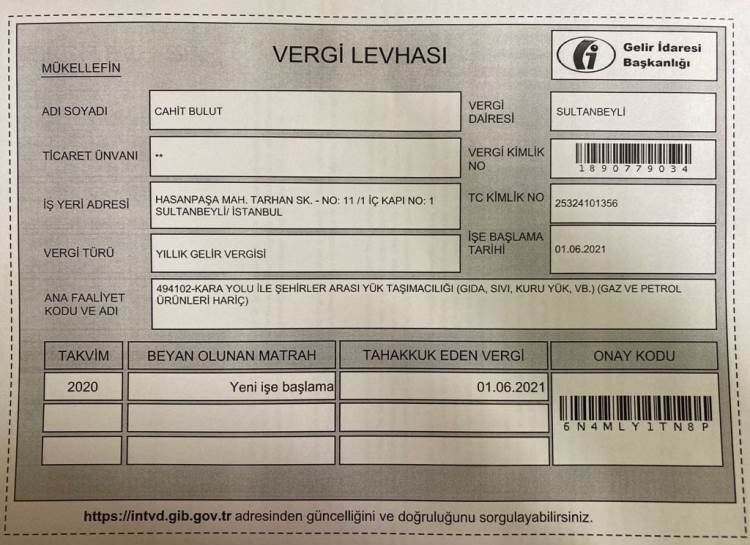 Bulutsoy Nakliyat vergi levhası